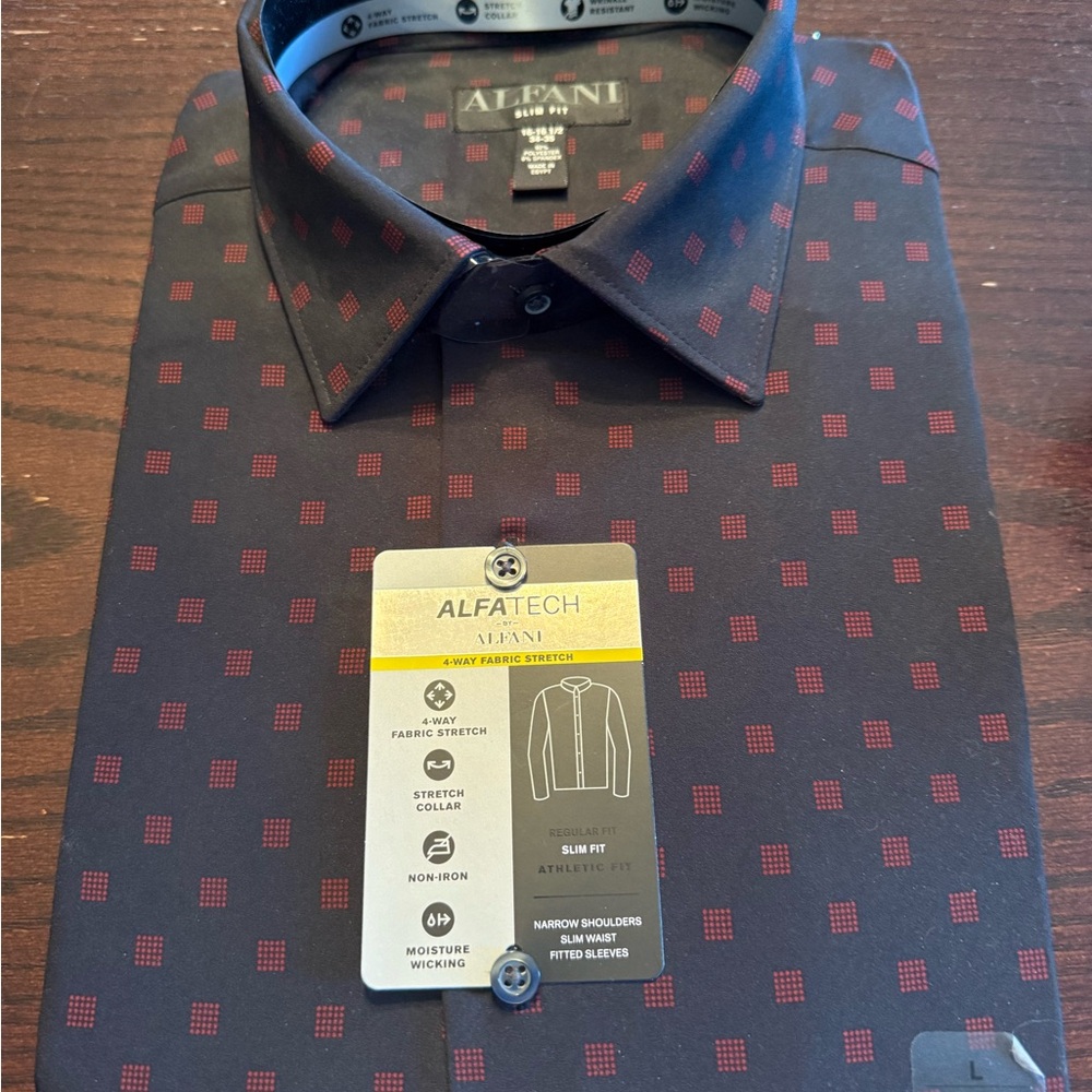 Alfani Men's Black and Burgundy Patterned Dress Shirt